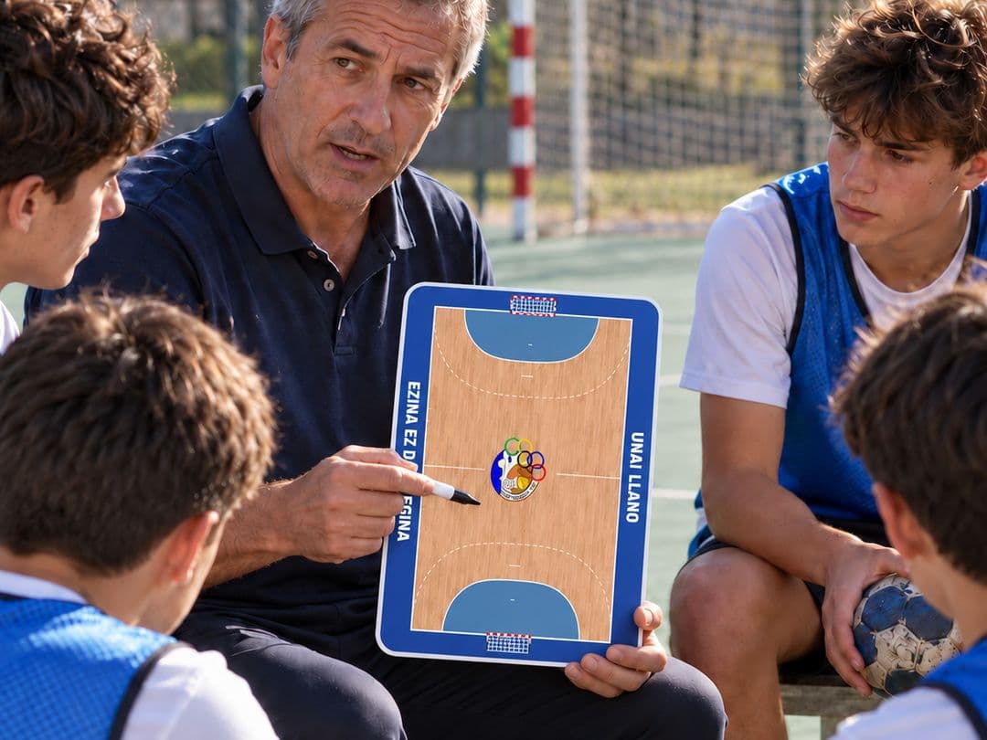 Een handbaltrainer legt zijn spelers op het veld een spelpatroon uit op het coachbord